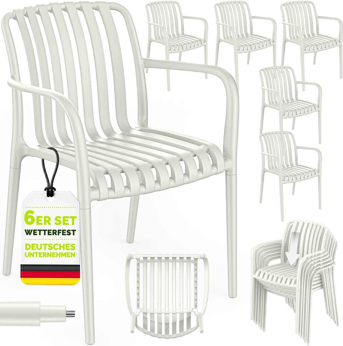tillvex® Tuinstoelen 6-delige Set Stapelbaar Weerbestendig met Armleuning | Outdoor Stoelen tot 120kg Belastbaar | Tuinstoelen Outdoor | Terrasstoel Tuinmeubelen Balkon Tuin Terras