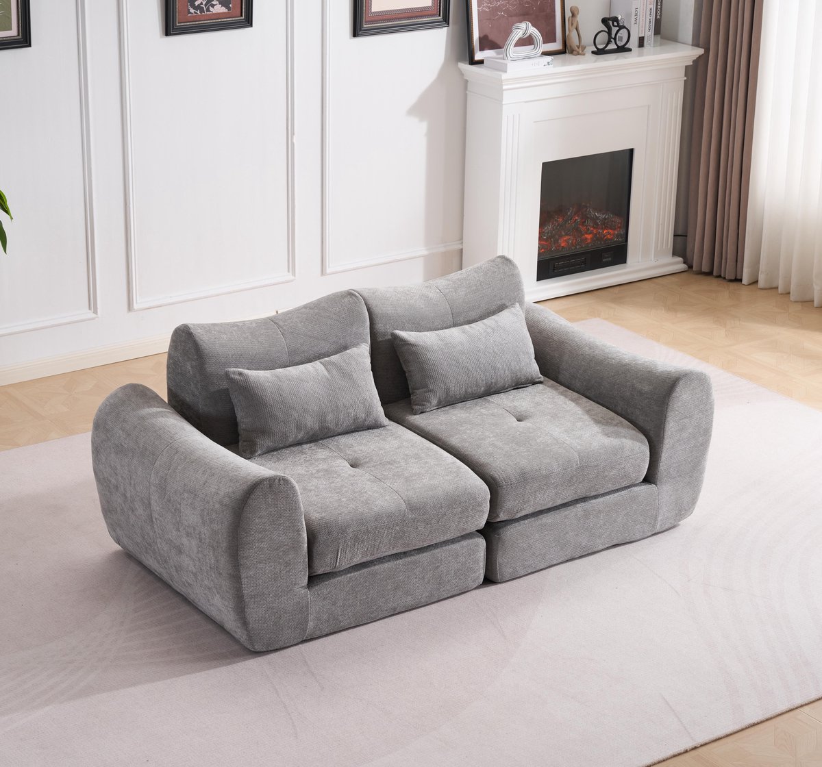 Multifunctionele chenille slaapbank – modulair en opvouwbaar ontwerp – 2 kussens en armleuningen – comfortabele 2-in-1 bank en bed – geschikt voor 2 personen – bank, chaise longue en logeerbed – ideaal voor appartement en kleine ruimtes – Grijs