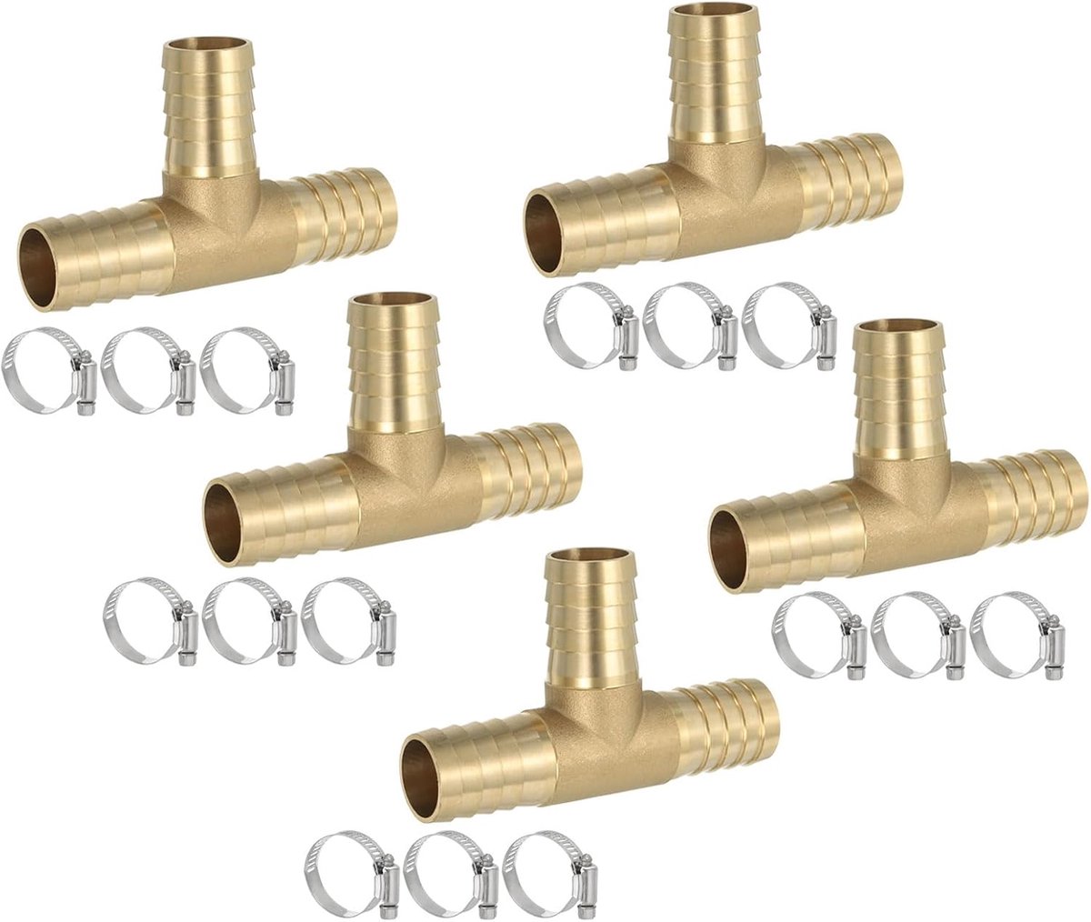 1 Inch Brass Tee Hose Barb Fitting - 5pcs 3 Ways Unial Crossing T-Shape Barbed Wire Split met Clamps voor Air Water Fuel Gas Liquid - Goud
