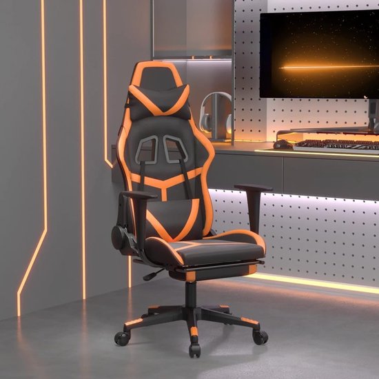 Gamingstoel met massage & voetensteun, zwart oranje kunstleer, verstelbare rugleuning en hoogte, 360 graden draaibaar, robuust metalen frame, max. 110 kg — afbeelding 4