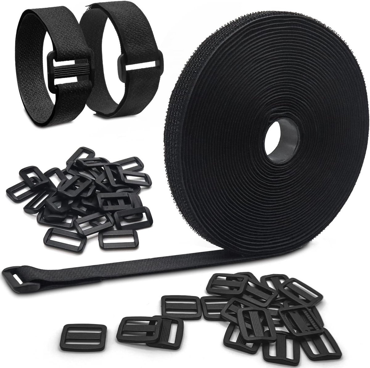 Tape van 10 meter met 50 gespen, af te knippen op gewenste lengte, 2 cm breed, herbruikbare kabelbinders, zwart, ideaal voor thuis, kantoor en tuin.