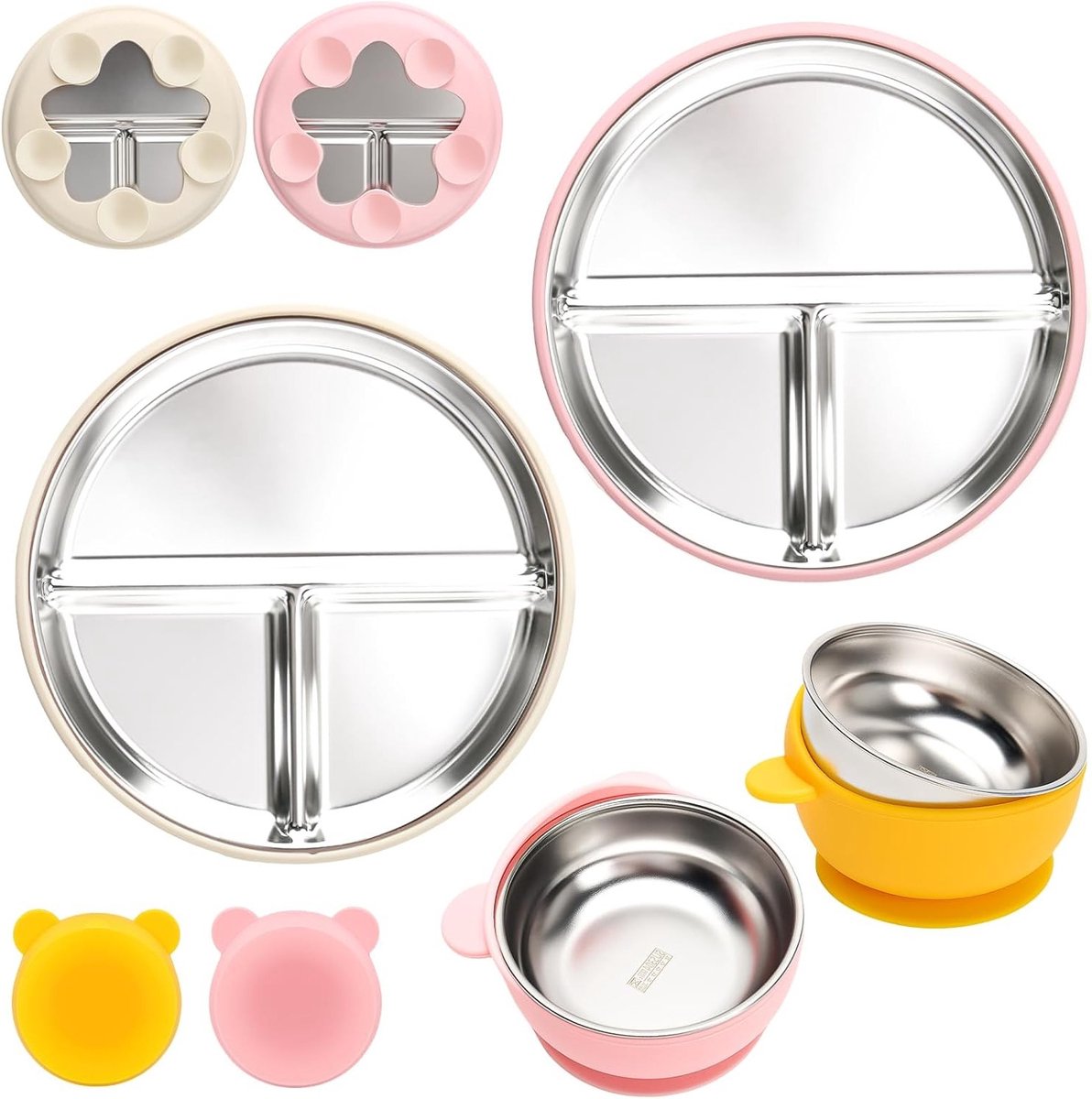 Set van 4 Rvs Baby Borden en Kommetjes - 100% Siliconen Zuigplaat, BPA-vrij, Schokbestendig en Ideaal voor Peuters en Baby's