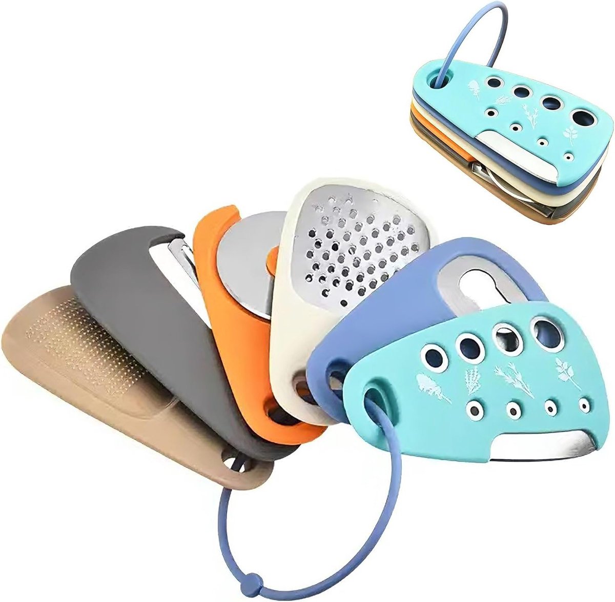 Veelzijdige 6-in-1 Keukenhulpmiddelen Set met Rasp, Schiller en Openers - 12,5 cm, Kleurrijk en Handig voor Koken