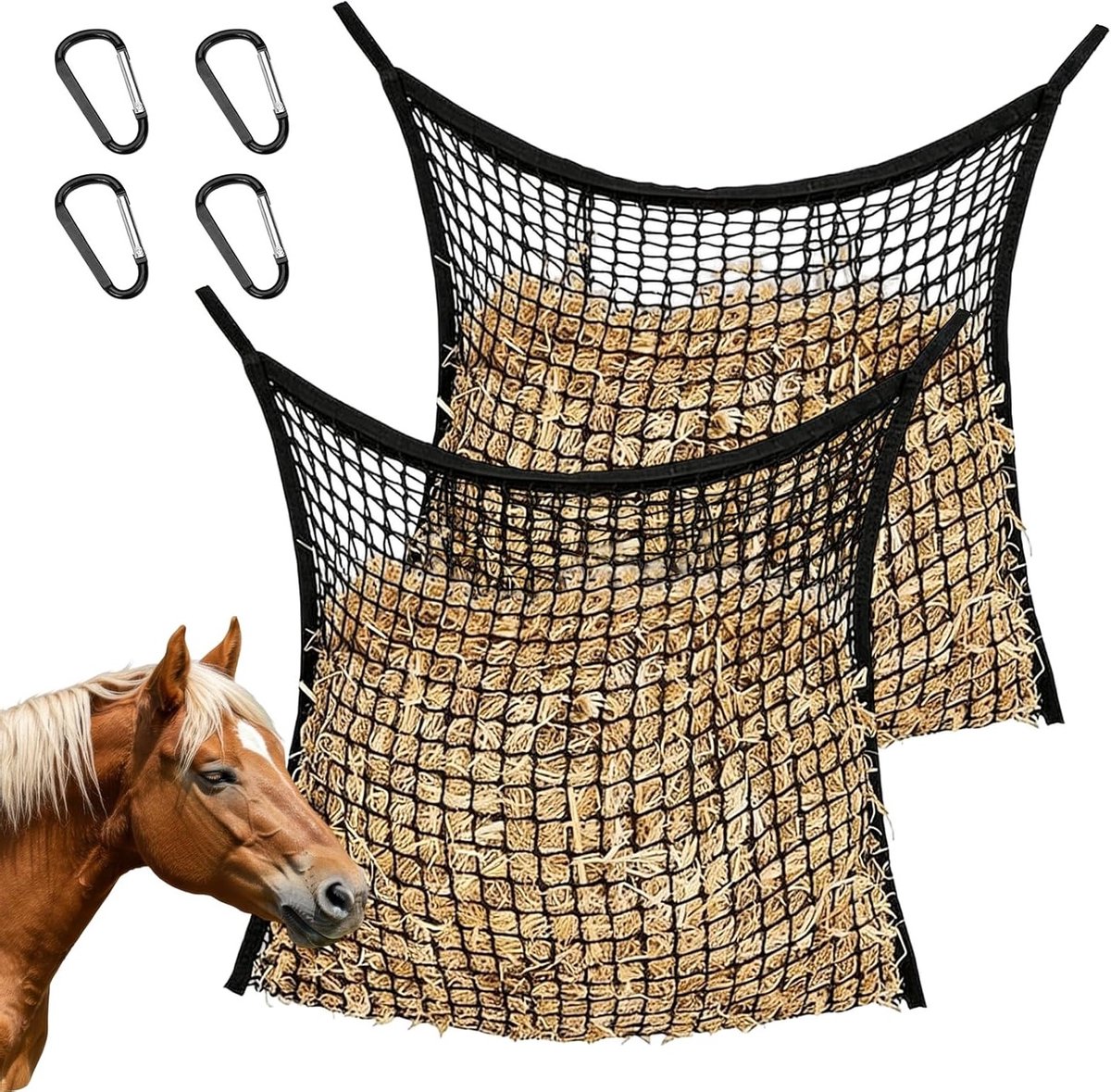 Set van 2 Hooinetten voor Paarden, Voedingsnet, 90 x 80 cm, Met 4 Karabijnhaken, Fijn Gaas voor Paarden, Hooinet voor Ponies en Geiten, Langzaam Voeden, Zwart, Duurzaam en Handig