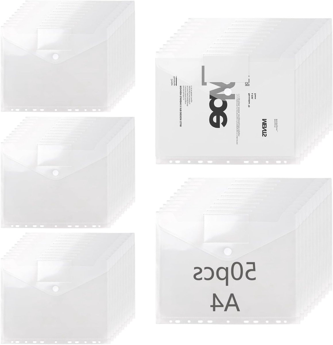 Set van 50 A4 Documentmappen, Transparante Documententas met 2 Klittenbandsluitingen, Perfect voor School, Kantoor en Organisatie van Documenten