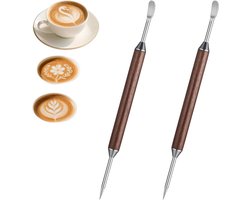 Professionele Latte Art Pen Set van 16 cm - 2 Stuks RVS met Houten Handvat voor Cappuccino, Espresso en Latte Decoratie