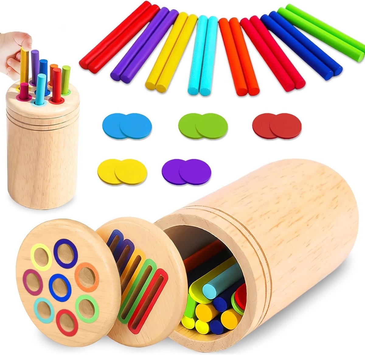 2-in-1 Houten Speelgoed voor Kinderen, Kleurensorteerspel, Educatief Speelgoed voor Peuters en Kleuters, Ontwikkeling van Motoriek en Creativiteit voor 1-3 Jaar