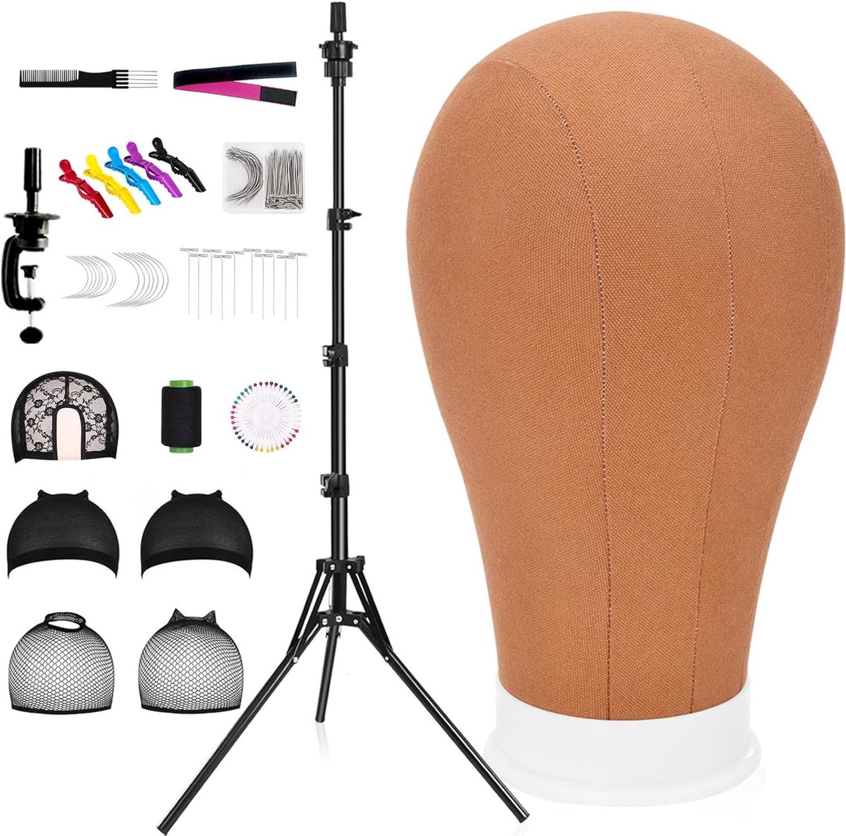 Wig Hoofd 58cm met Mannequin Hoofd, 160cm Wig Stand, T-Pins en Haarborstel voor het Stylen en Maken van Wigs in Bruin