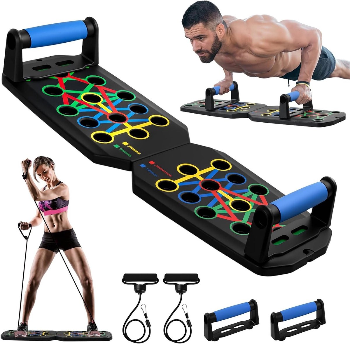Multifunctioneel 24-in-1 Push Up Board met Handvatten, Tension Cables en 20 Plakpads voor Effectieve Thuisworkouts en Krachttraining tot 150 kg
