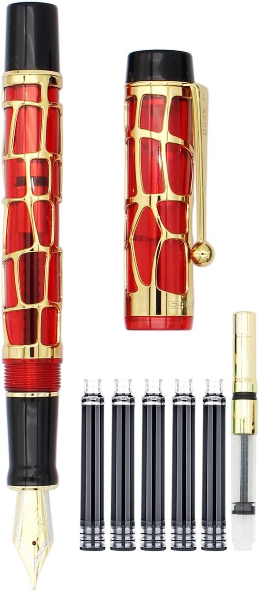 SnelShoppen - Geverfde Vulpen, Skeleton Hollow-out Serie Goud, Schroefdop, Fijne Punt (0.5mm), Transparant Rood, Inclusief Inktcartridges en Converter