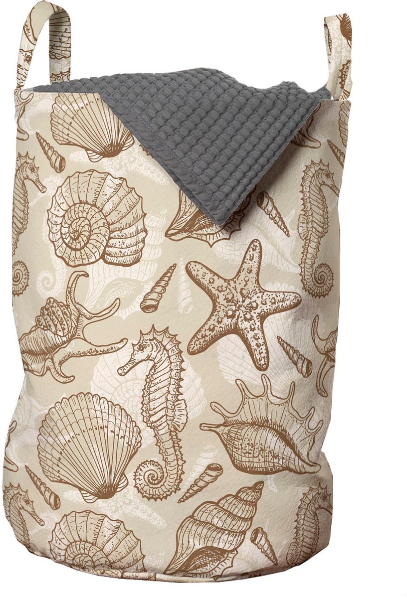 ABAKUHAUS Sea Shells waszak, vintage oceaanontwerp, wasmand met handvaten, trekkoordje voor wasserettes, beige bruin