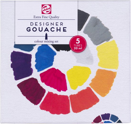Boîte en carton avec roue chromatique, "Talens Designer Gouache colour mixing set 5 tubes 20 ml"