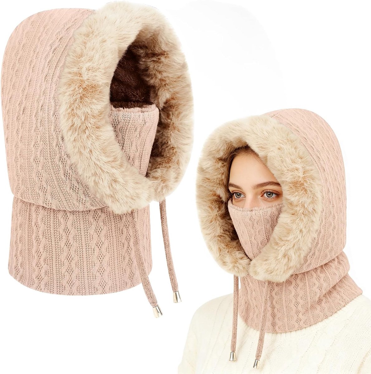 Dames Pluche Balaclava met Kap en Sjaal voor de Winter - Thermisch Ski Masker met Nekwarmer, Multifunctionele Gebreide Hoed voor Sport en Buitenactiviteiten