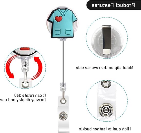 Zorg Badge Houder Set van 6, Retractable Badge Reel met Clip, Perfect voor Namen en ID Kaarten — afbeelding 2