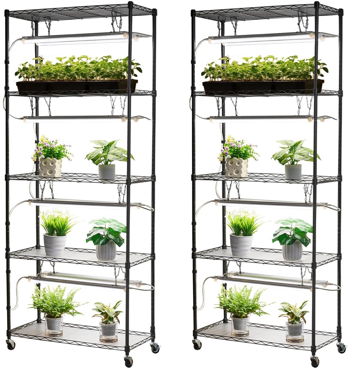 Trendique - Plantenrek - Plantenrek binnen - Plantenrek - Plantenrek met kweeklampen - Met wielen - 6 Planken - 75 x 35 x 180 CM