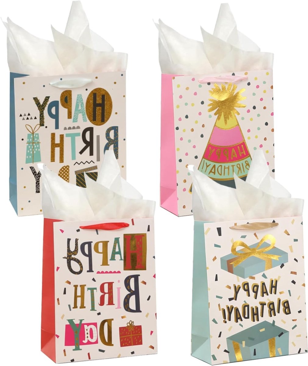 SnelShoppen - Geschenkzakjes voor Verjaardag 4 Stuks met Zijdepapier, Cadeautasje met Hengsels, 23 x 18 x 10 cm, Party, Verjaardagsverpakking, Feest,
