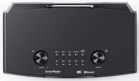 Zwart SmartRadio apparaat met bedieningsknoppen en een uitschuifbare antenne.
