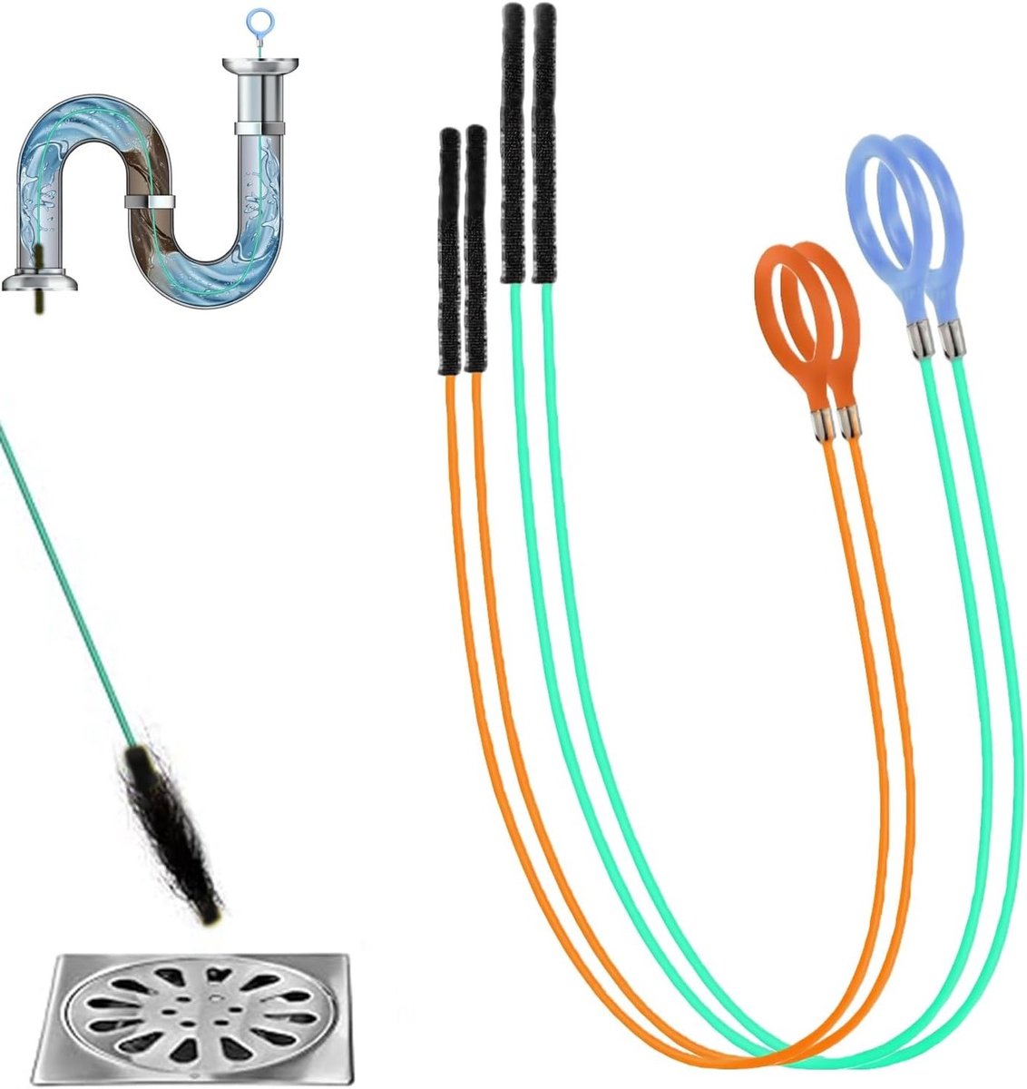 Flexibele Afvoerreiniger Spiral, Set van 4, 90 cm en 81 cm, Ideaal voor Verstopte Afvoeren in Keuken, Badkamer en Douche, Effectieve Buizenborstel voor Schoonmaken