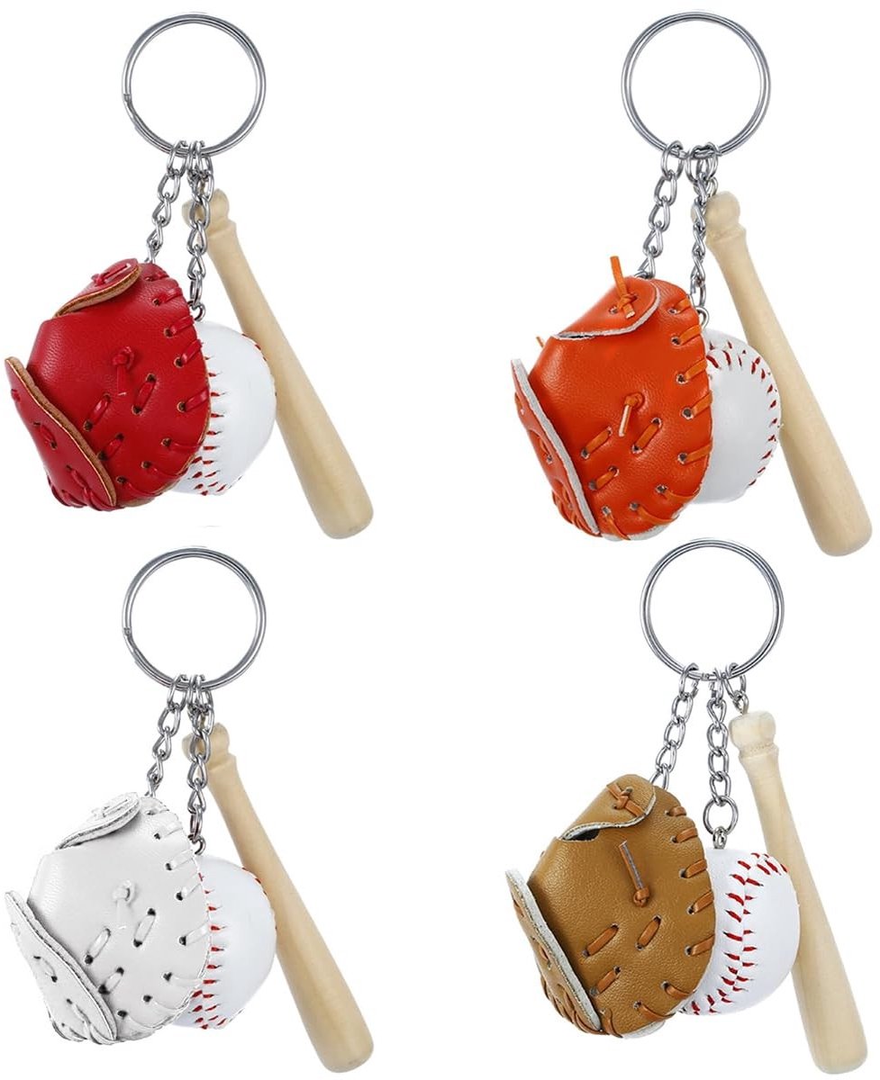 4-Pack Sleutelhangers Mini Honkbalknuppels - Sport Sleutelhangers in Rood/Wit/Oranje/Khaki