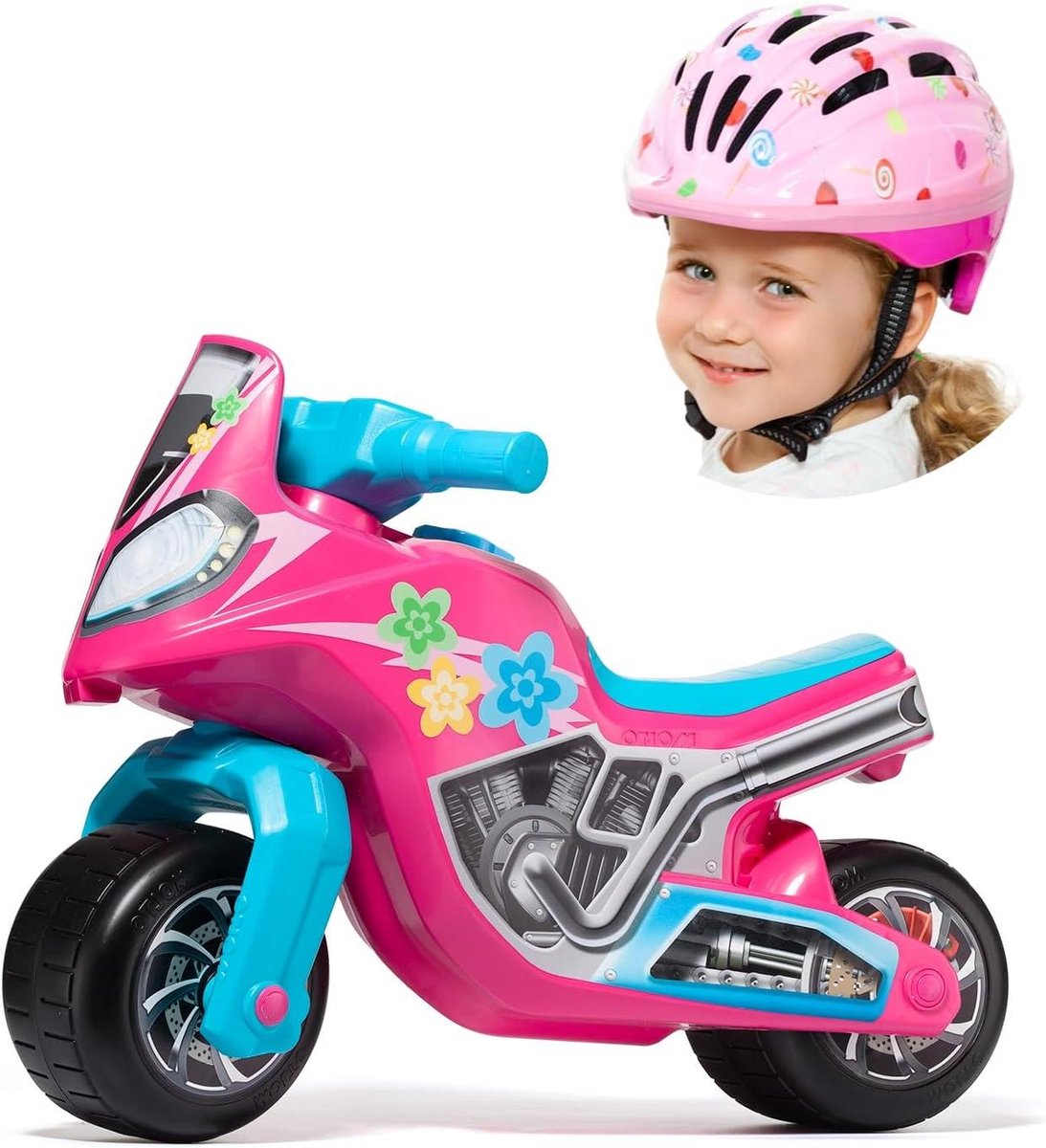 Loopmotorfiets met Helm - Kindermotor Speelgoed - Buiten Spelen - All-Terrain Wielen - 62 x 35 x 46 cm - Roze