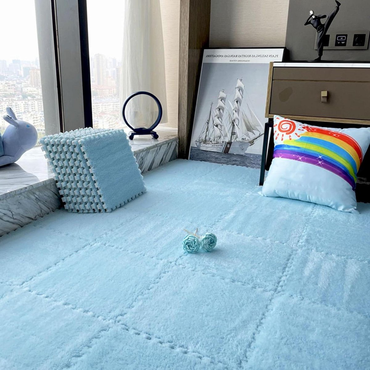 Tapijttegels - Puzzelmatten Vloer - Woonkamer Aankleden - Pluche Schuim - 48 Stuks - Blauw
