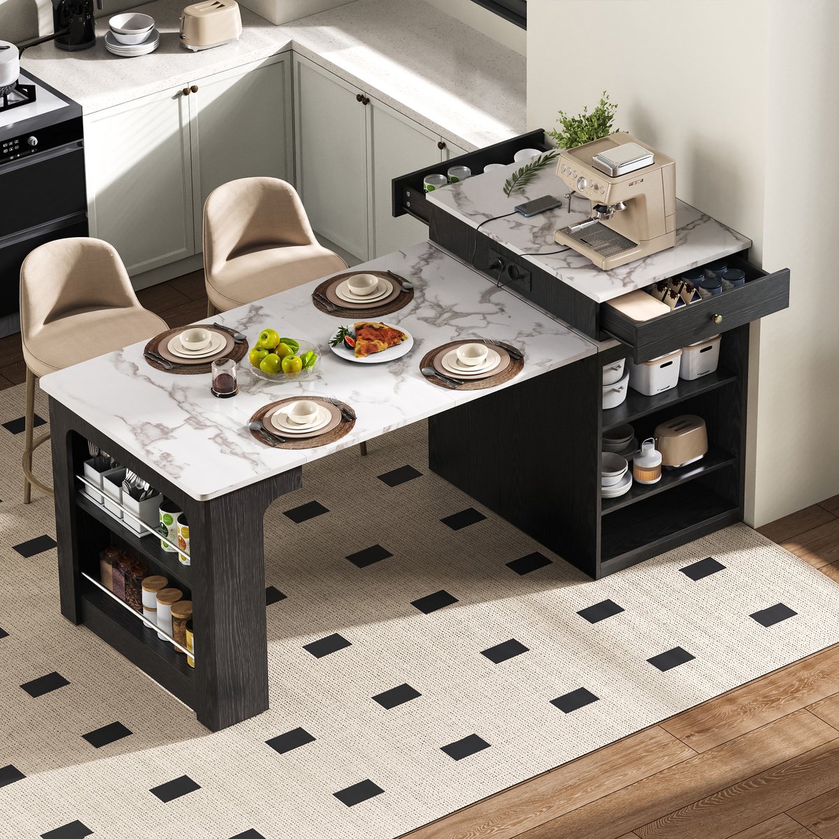Keukeneiland - Met Rollen - Uittrekbare Eettafel Met Afneembaar Blad - Bartafel Met Stopcontacten - Keuken En Eetkamer - Zwart