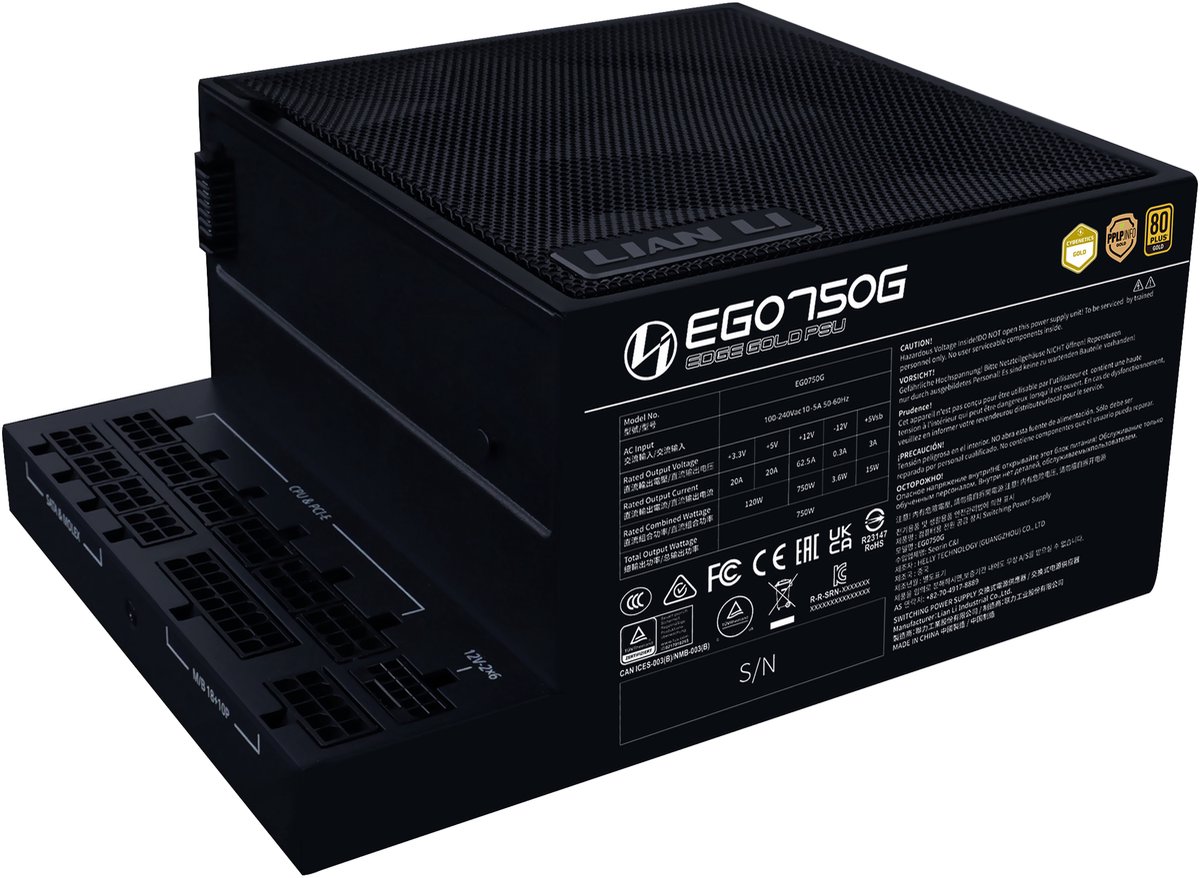 Lian Li Edge Gold 750W Black - ATX12V 3.1 - 80 PLUS Gold - 750 Watt - Modulair - 100-240V - Actieve PFC - PCIe 5.1 - 120mm FDB Fan - L-vormig - USB-Hub 4x USB 2.0 - zwart