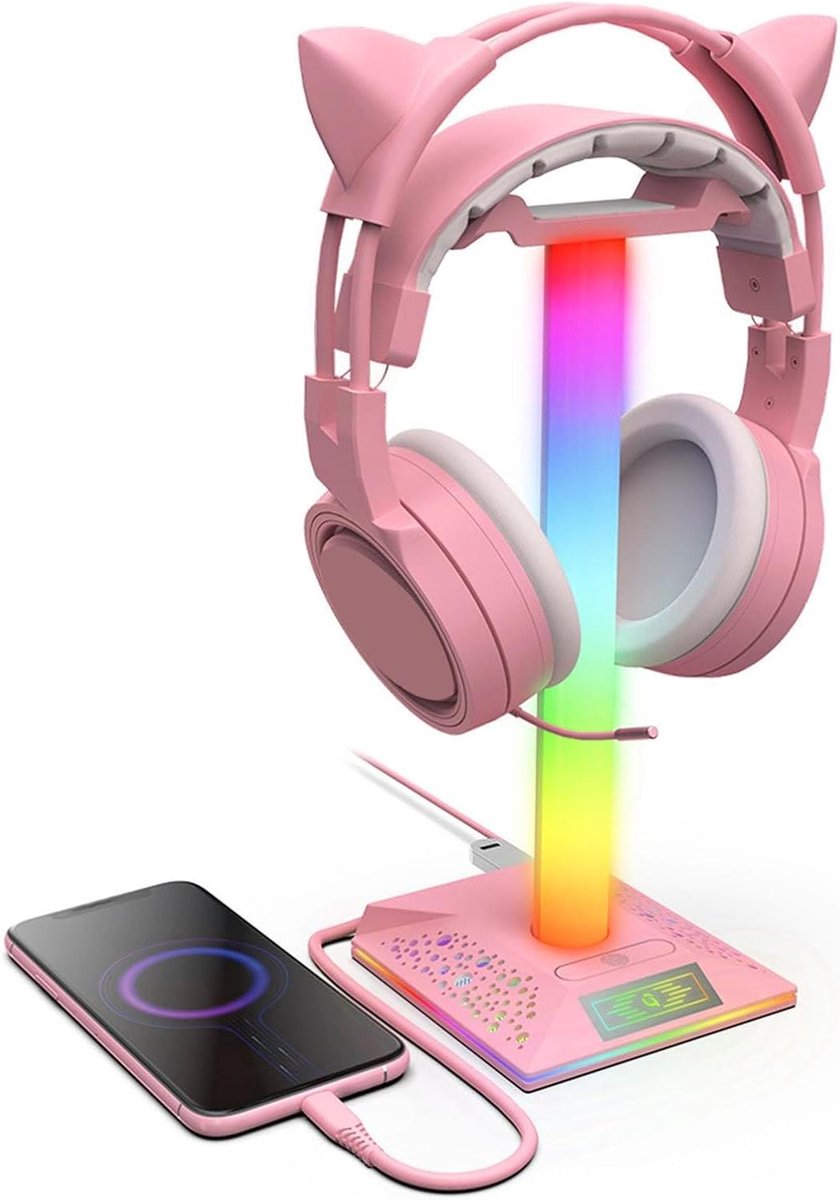 Gaming Headset Stand - Hoofdtelefoonhouder Bureau - Gaming Setup Organiseren - Met RGB Verlichting - 2.2cm Diameter - Roze