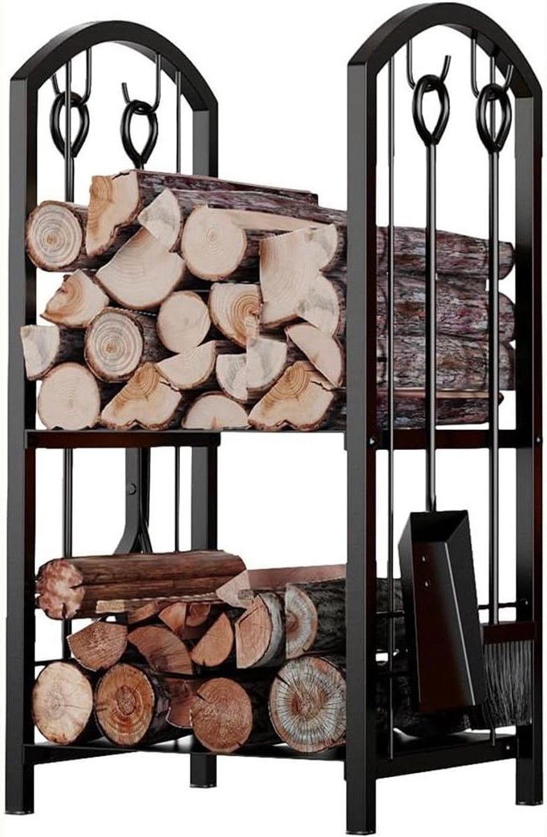 Houtrek met Gereedschap - Haardhout Opslag - Openhaard Onderhoud - Dubbele Laag - 75 cm hoog - Zwart