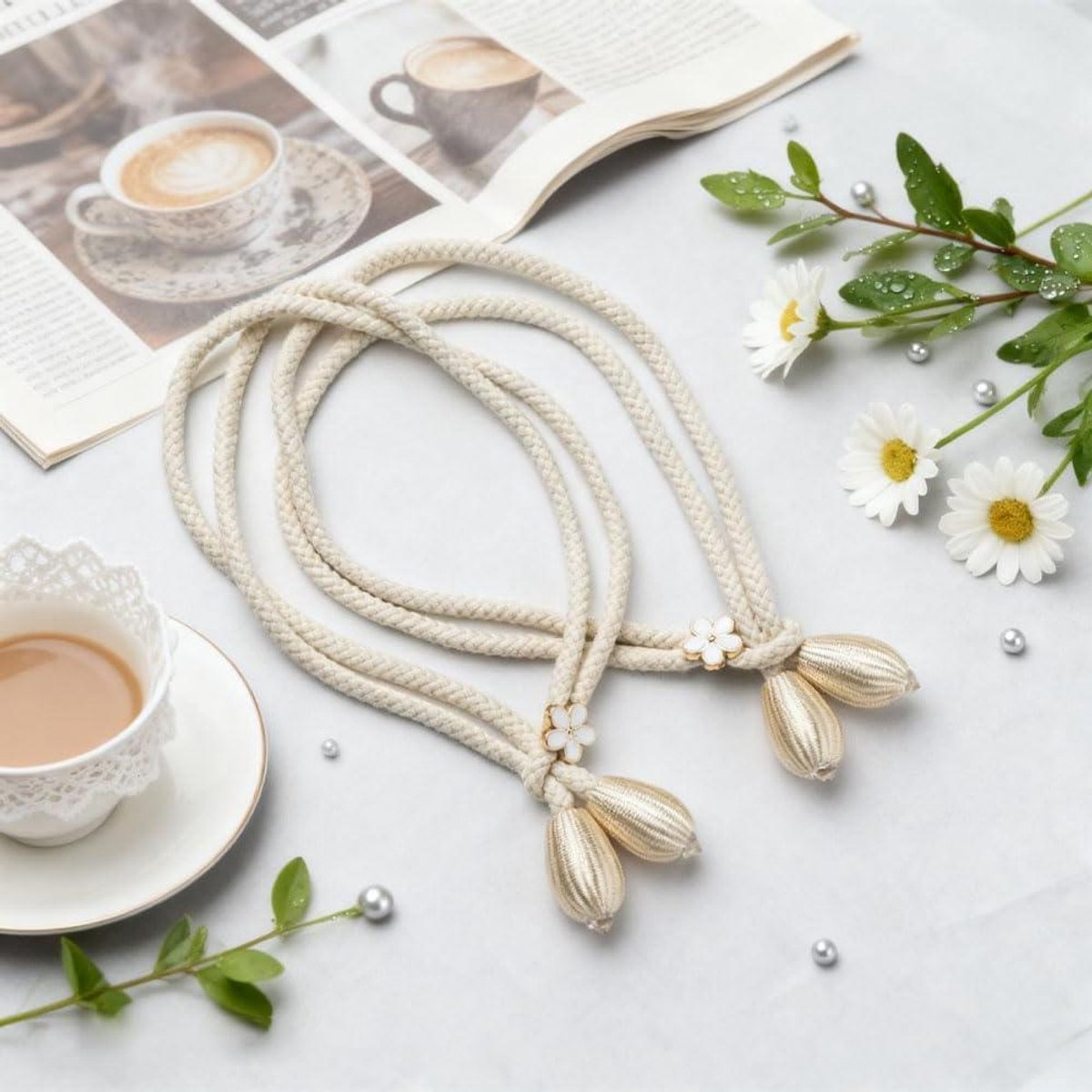 Verstelbare Gordijnhouders - Gordijnembrasses Gordijndecoratie - Gordijnen Stijlvol Houden - Handgeweven Boho Design - 48 cm Lengte - Beige