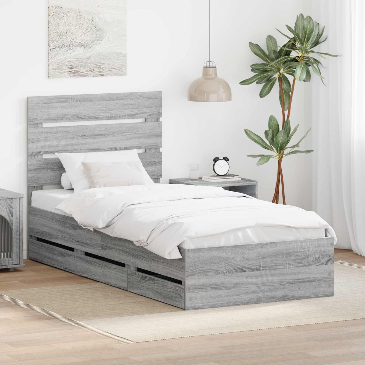 vidaXL Bedframe - met - lade - Grijs - Sonoma - 75 - x - 190 - cm - Ingenieurshout