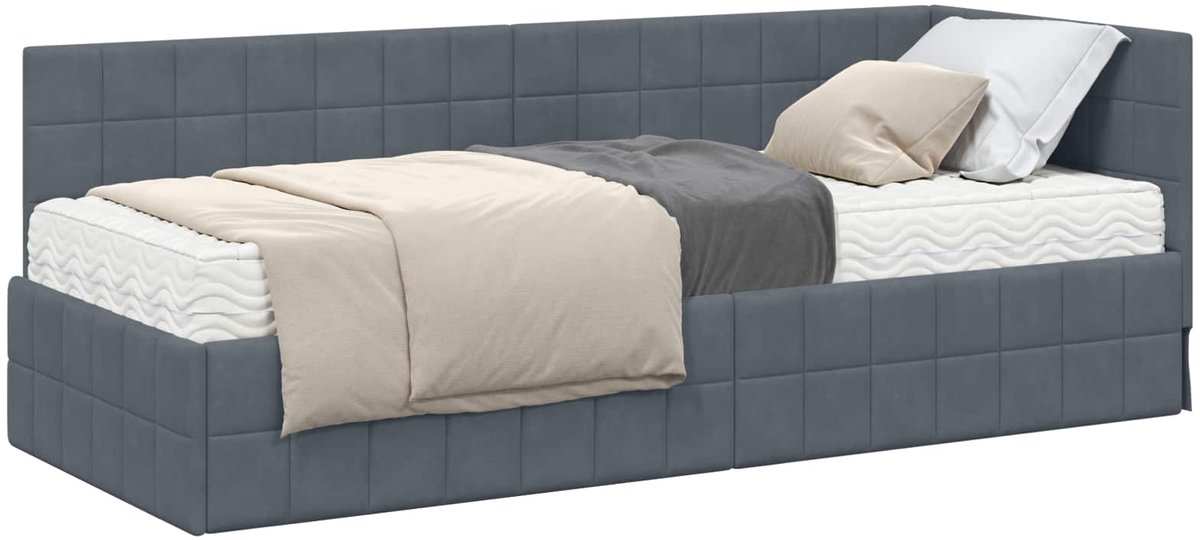 vidaXL Hoekbedframe - met - Matras - 2 - st - Donkergrijs - 80 - x - 200 - cm - Fluweel Dark Grey