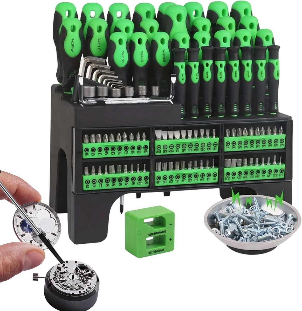 Schroevendraaierset - Handgereedschap set - Huishoudelijk onderhoud - Magnetische bithouder - 118 Delig - Groen