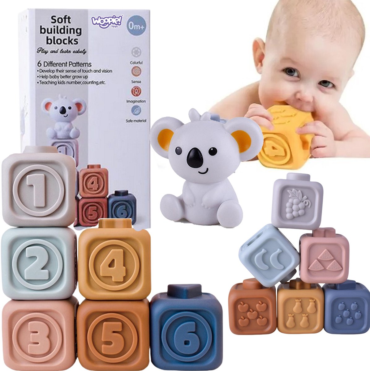 Woopie Baby Educatieve Piramideset Sensorische Blokken 2in1 Bijtringnummers - UNI