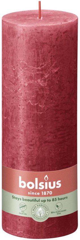 Bolsius stompkaars Delicate Red, 19 cm hoog, met een 85-uurs brandtijd, gemaakt met 25% plantaardige was.