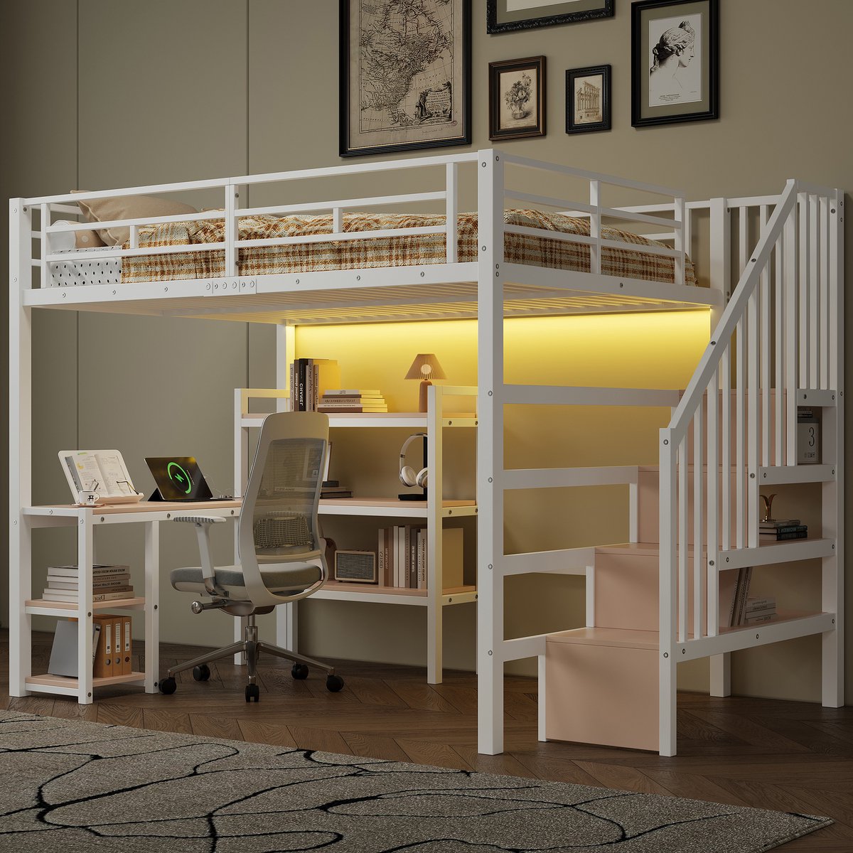 Clruro Hoogslaper - 140x200 - Metaal Hoogslaper Met Trap Bureau Opbergruimte USB LED - geïntegreerd bureau en opslag - Metaal - Wit