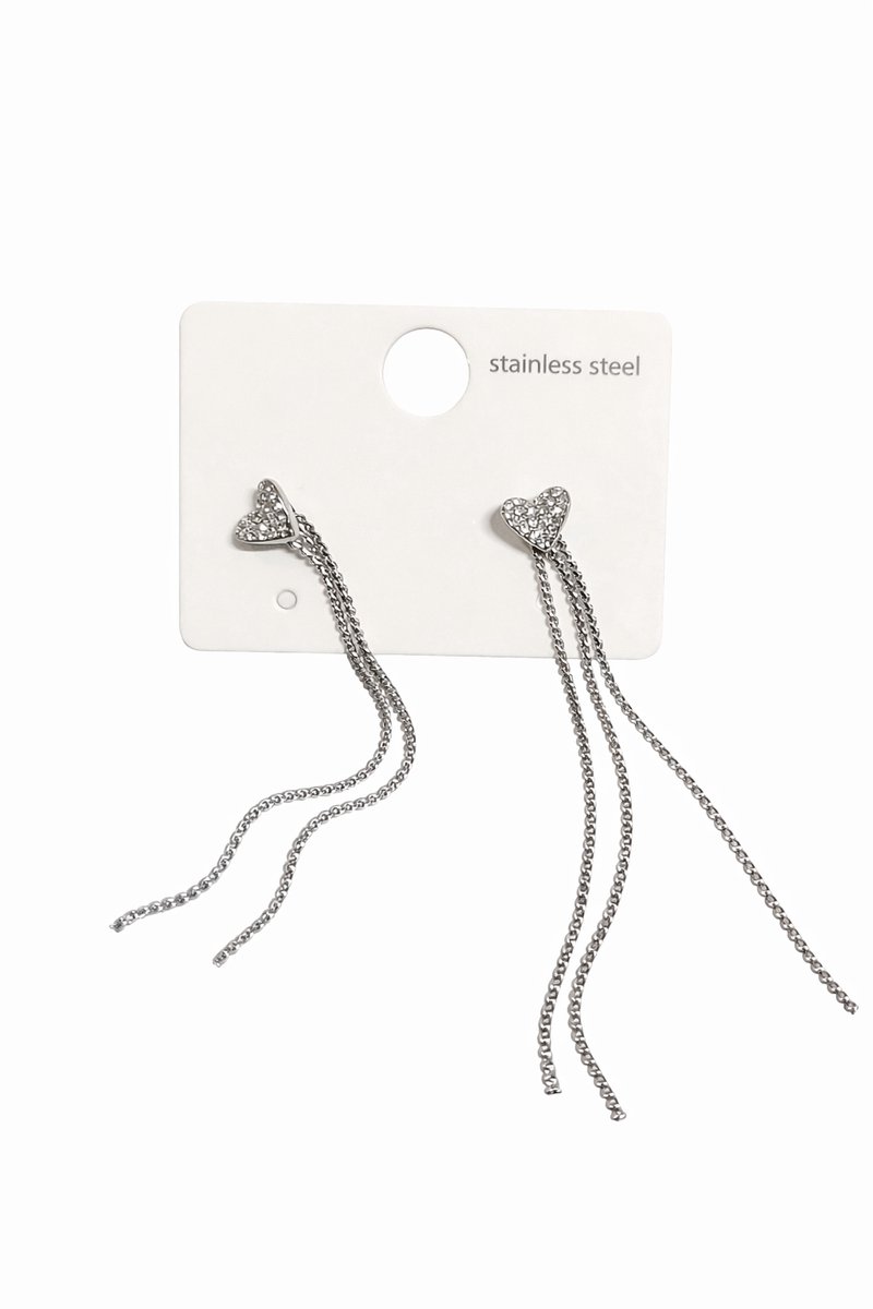 Hidzo Oorbellen - Zilverkleurig Hartjes - Namaakdiamantjes - Ketting