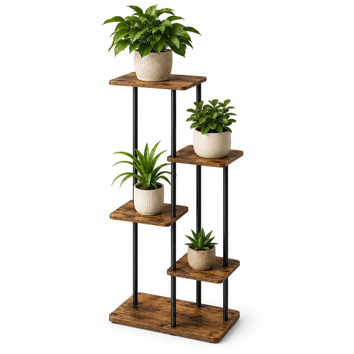 Arisahome Plantenrek 5 Laags Staand – Industrieel Bloemenrek met Houten Planken & Metalen Frame – Plantenstandaard voor Binnen, Woonkamer, Balkon & Slaapkamer – Bruin/Zwart