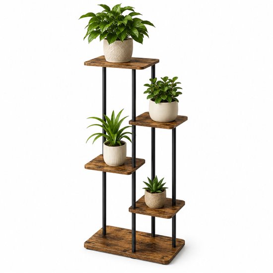 Produit blanc, étagère à plantes marron à 5 niveaux avec 5 plantes différentes.