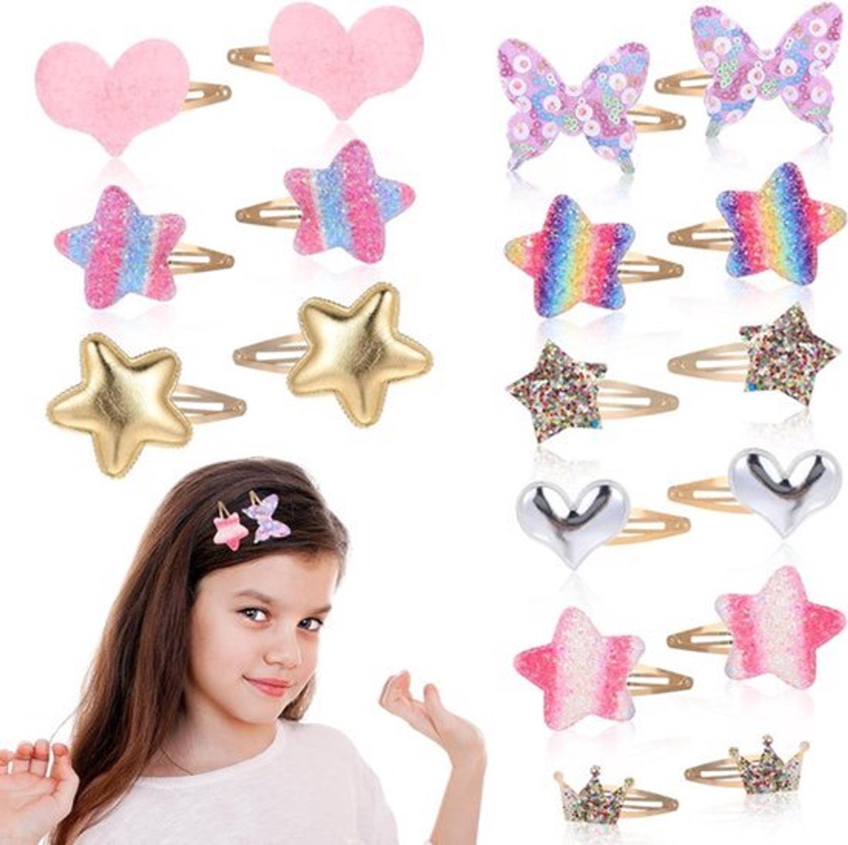 16 stuks glinsterende haaraccessoires voor meisjes - ster, kroon, hart, vlinder, en meer