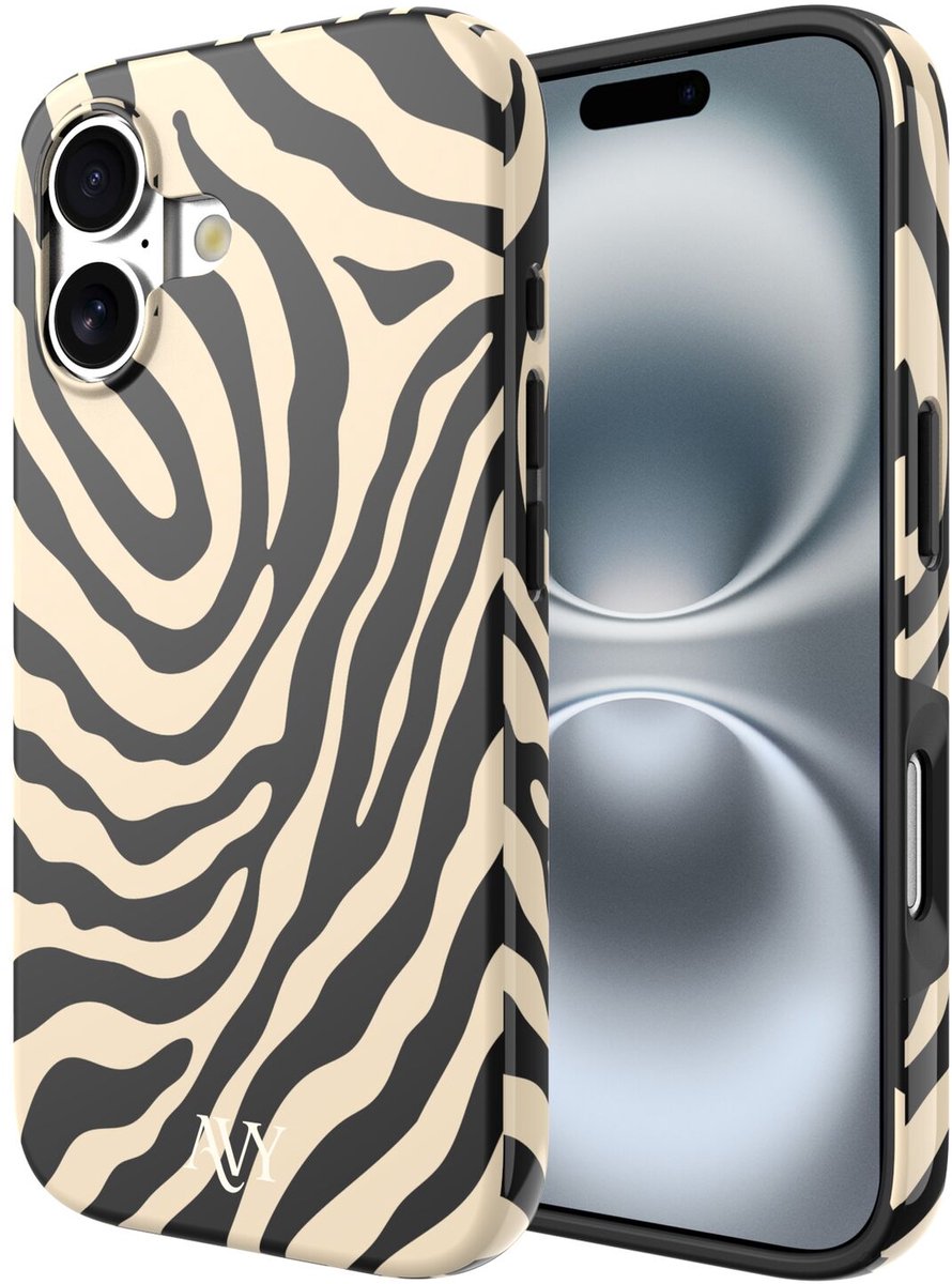 AVY Hoesje Met Telefoonkoord | Geschikt voor Apple iPhone 16 | Compatibel met MagSafe | Hard Shell Back Cover | Stijlvol Bijpassend Koord 30CM | Safari Hearts | Zwart & Wit