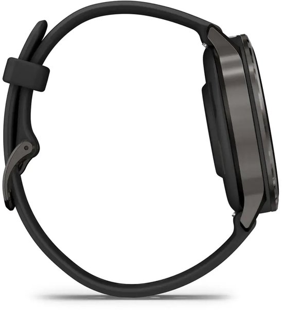 Zijaanzicht van een grijze Garmin Venu smartwatch met een zwarte band.