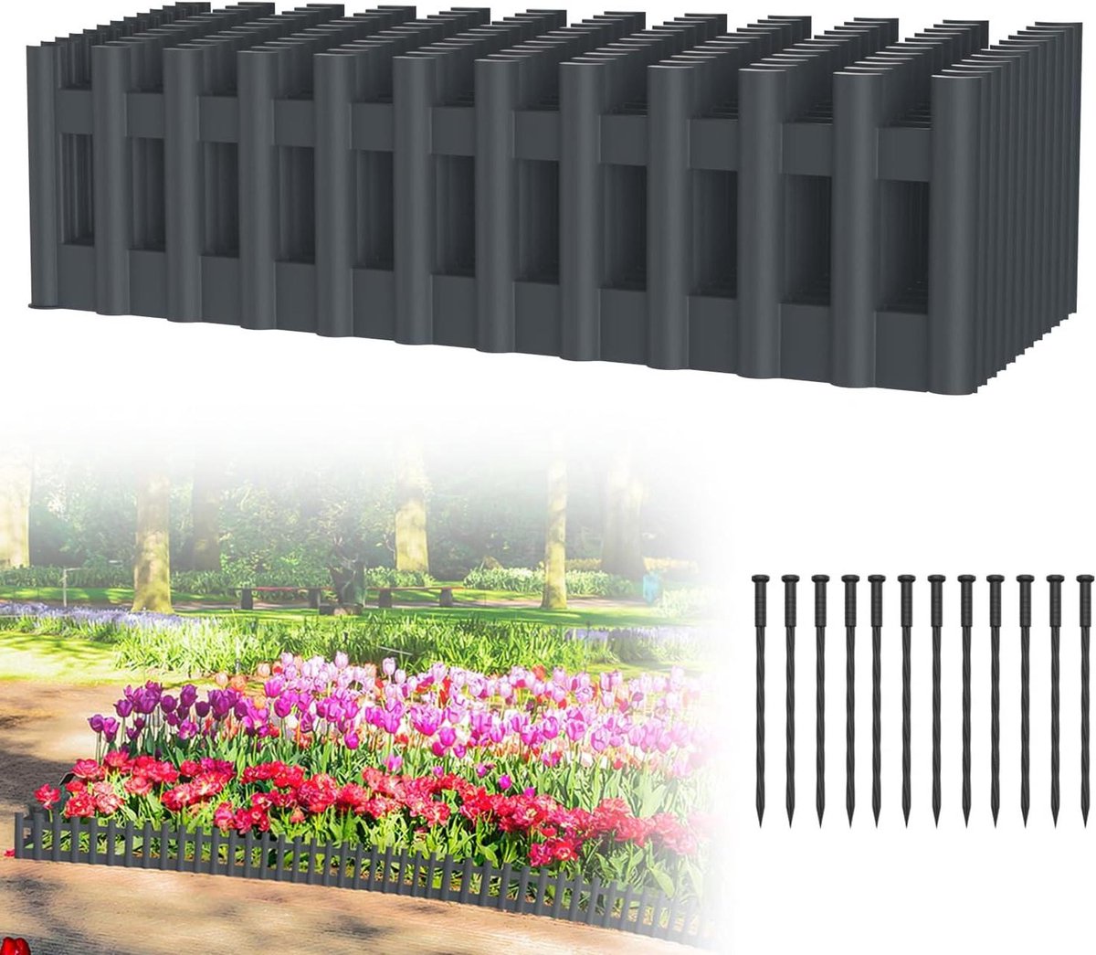 Bloembedrand Kunststof - Tuinrand Gazonrand - Tuin Ontwerpen - Flexibel Houtstructuur - 43 x 12 cm - Antraciet