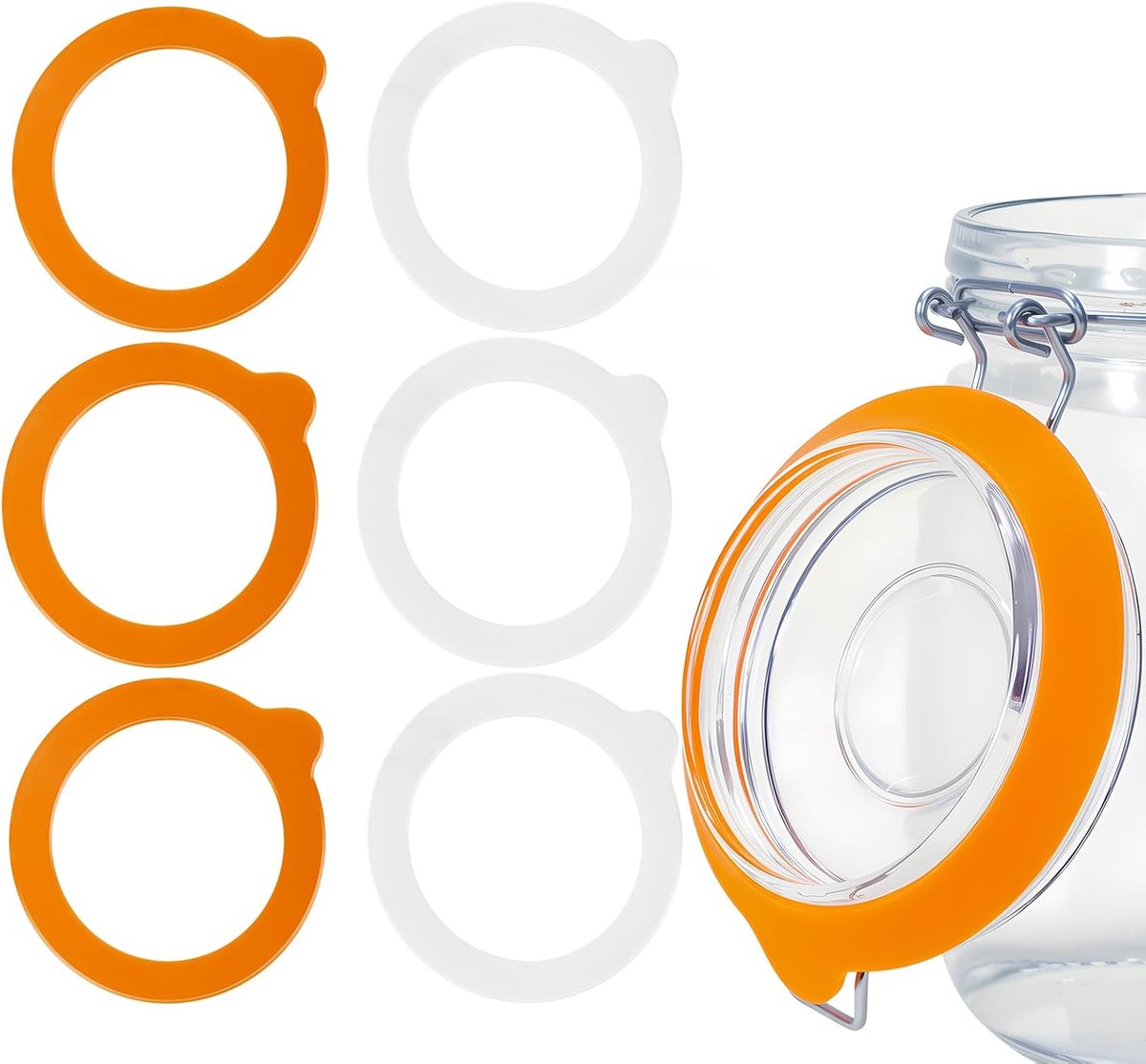 6 stuks voedselveilige siliconen afdichtringen voor glazen potten, diameter 3,75 inch. Lucht- en lekvrij, past op de meeste Mason potten. Kleuren: wit en oranje