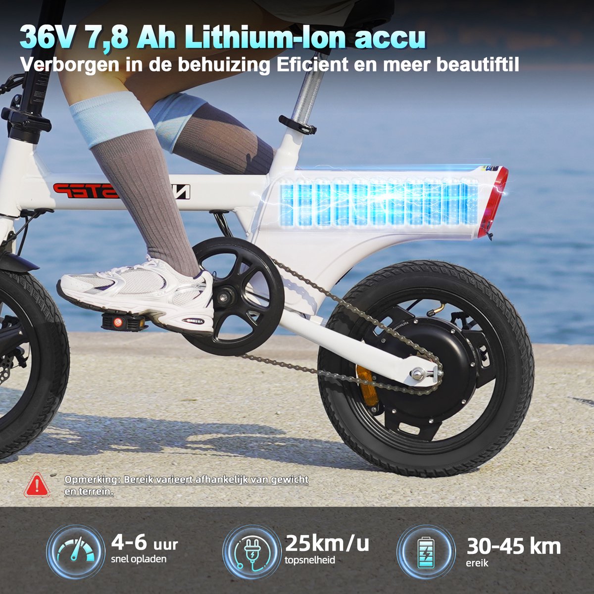 YEE GOO Elektrische Fiets - 250 W Motor - 36V 7,8Ah Batterij - 30-45 km Actieradius - 14 Inch Banden - Schijfremmen voor en achter - LED-verlichting en LCD-display - Draagbare e-bike voor woon-werkverkeer in de stad - Wit. – foto 3