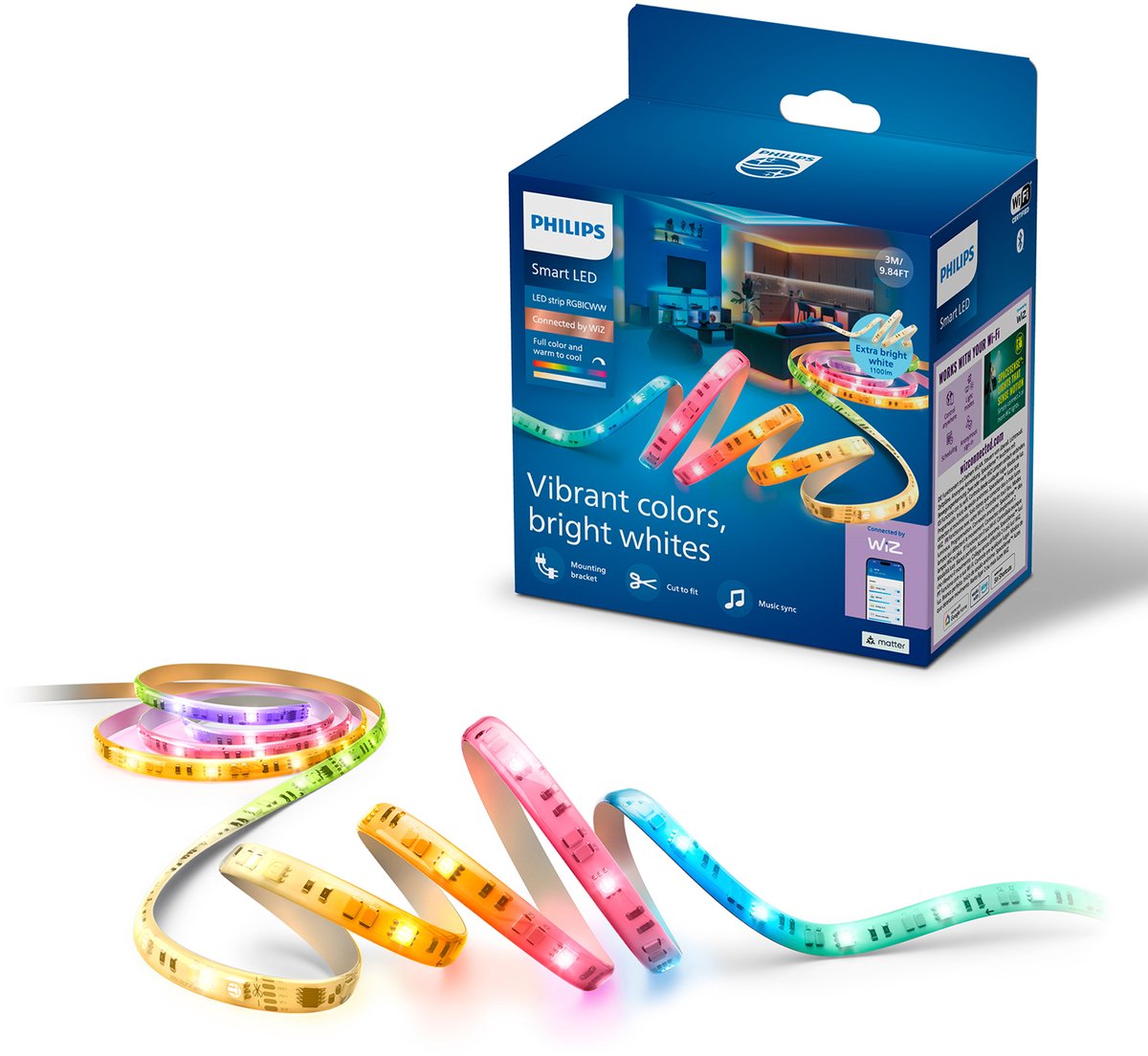 Philips Smart Lighting - LED strip - Lengte: 3m - RGBICWW - Gekleurd en instelbaar wit licht - Muzieksynchronisatie - Werkt met de WiZ app - Wifi