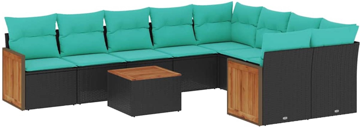vidaXL - 10-delige - tuinbankset - met - kussens - van - zwart - polyrotan