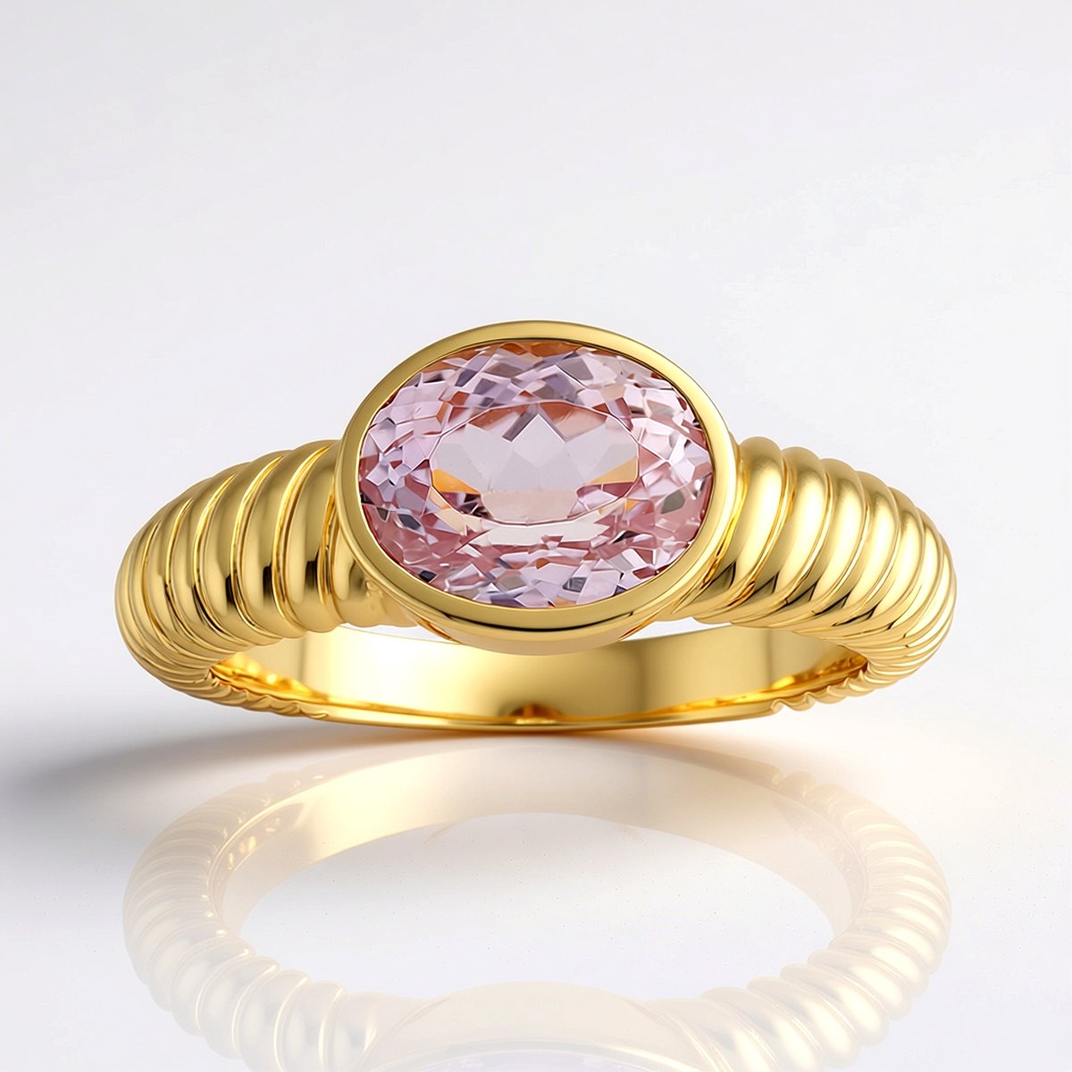 Cavill - Zilveren Ring 925 Sterling Zilver Geel Verguld - Ovale Afghaanse Kunziet 2,36 ct Bezel Zetting - Elegant Roze Edelsteen Sieraad Damesring