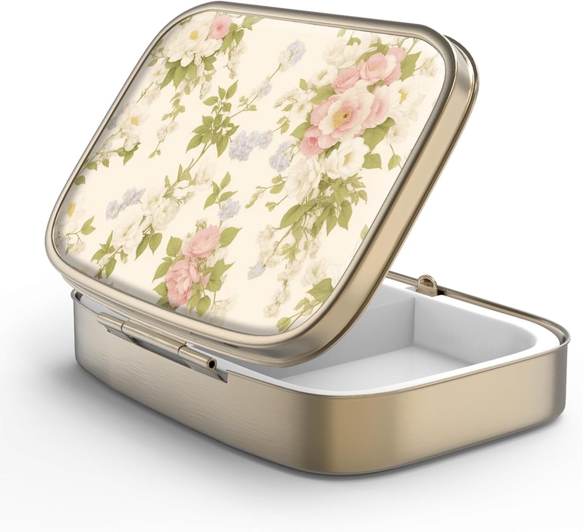 Vintage pillendoosje met twee compartimenten en een spiegeltje; past gemakkelijk in een portemonnee of broekzak; rechthoekig van vorm; perfect als reisgeschenk (vintage bloemenpatroon).