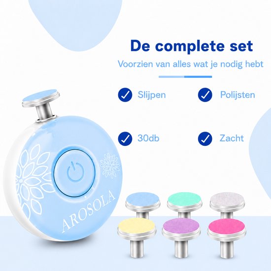 AROSOLA® Elektrische Baby Nagelvijl - Baby Manicure Set - Veilig Nageltjes Vijlen - 6 Opzetstukken - Fluisterstil - Blauw van Arosola — afbeelding 2